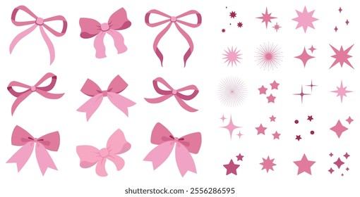 Vector soft pink vintage bow set. Bow for girly hair decor, flat icons. Ribbons isolated. Trendy girls accessories. Cute hairstyle elements collection. Sparkles icons, star shape. Glitter sparkle icon