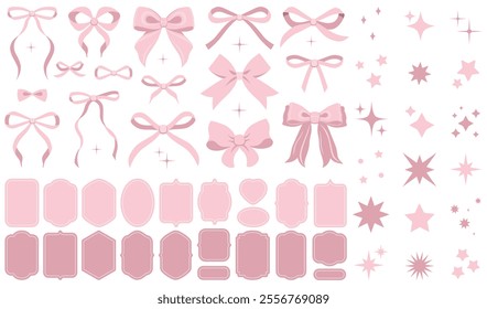 Vector soft pink vintage bow set. Bow for girly hair decor, flat icons. Ribbons isolated. Trendy girls accessories. Cute hairstyle elements collection. Sparkles icons, star shape. Glitter sparkle icon