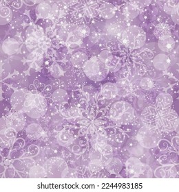 Vector soft purple seamless christmas pattern with vintage snowflakes, bokeh effect