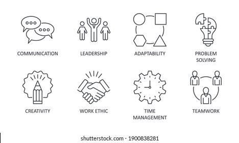 Vector soft skills icons. Editable stroke. Interpersonal attributes symbols you need to succeed in the workplace. Communication teamwork adaptability problem solving creativity work ethic time managem