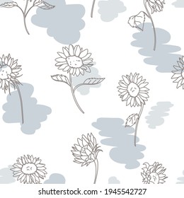 Vector Soft Sunflower Lineart with Abstract Shapes seamless pattern background. Perfect for fabric, scrapbooking and wallpaper projects.