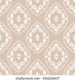Vector Soft White Floral Ogee on Beige seamless pattern background. Perfect for fabric, scrapbooking and wallpaper projects.