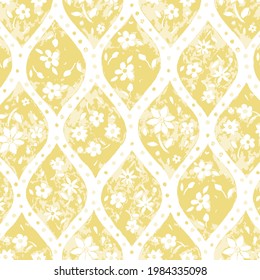 Vector Soft White Floral Ogee on yellow seamless pattern background. Perfect for fabric, scrapbooking and wallpaper projects.