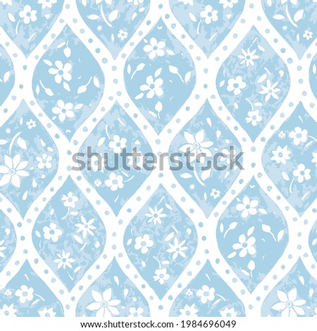 Vector Soft White Floral Ogee on blue seamless pattern background. Perfect for fabric, scrapbooking and wallpaper projects.