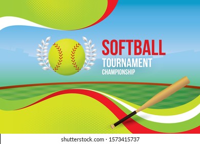 Vector of softball championship design with field background.