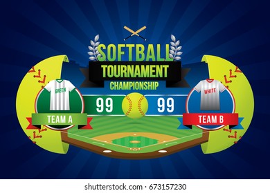 Vector of softball tournament championship with team competition and scoreboard.