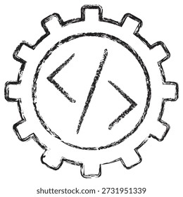 Vector software development icon with gear and coding symbols. Dark brown textured charcoal sketch in a linear style on transparent background. Programming, engineering, and algorithm concept - Powered by Shutterstock - Get 15% off with code: PIKWIZARD15