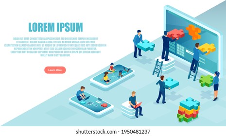 Vector of a software engineer team developing mobile app with children testing it on mobile devices 