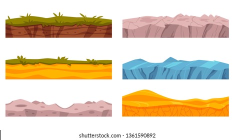 Vector soil ground layers with grass, rocks, sand and ice underground texture set. Subterranean landscape for game map design. Layered earth surface, geological natural clay.