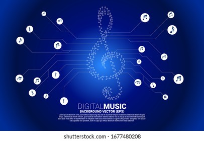 Vector sol music key note from dot connect line circuit board style. Concept background for song and concert theme.