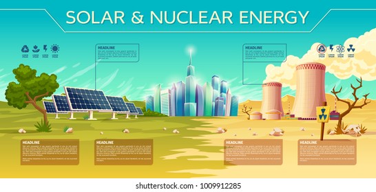 Vector solar against nuclear energy concept Business presentation infographic template. Renewable traditional technology illustration power plant solar battery reactor tower green dry tree modern city