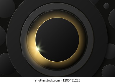 Vector solar eclipse, abstract black ring on black background. Round banner frame with place for text