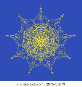 Vector Solar mandala of thin graceful interweaving of radiant gilded threads on a deep blue background. Promotes the restoration of internal emotional balance, replenishment of internal energy.