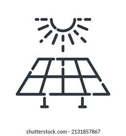 Vector solar panel and sun line icon isolated on transparent background.