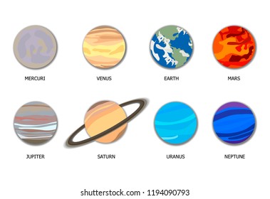 Vector Solar System 8 Planets, Flat Cartoon Objects with Shadows Isolated on White Background.