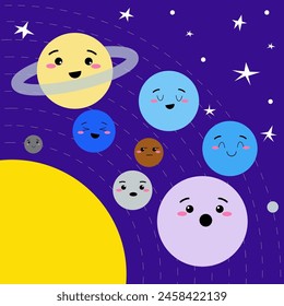 Vector solar system with cute kids planets characters,  Earth, Sun, Mercury, Venus, Mars, Jupiter, Saturn, Uranus, Neptune, Pluto, different face emotions.
