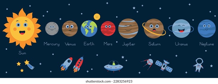 Ilustración del sistema solar vectorial aislada en fondo blanco. Niños educados. Gran espacio. Cartel de astronomía. Láctea. Planetas de dibujos animados. Sol, Mercurio, Venus, Tierra, Marte, Júpiter, Saturno, Urano,