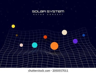 Vector solar system minimalistic retro style. Futuristic deformed mesh grid with colorful dots like galaxy planets on dark background