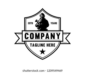Vector Soldier Army with the Gun in the Shield Protection with Ribbon and Stars Sign Symbol Icon Company Logo Template Design Inspiration