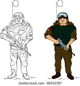 vector - a soldier holding gun , hand draw, isolated on background