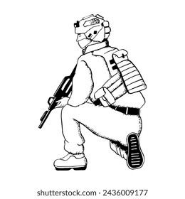 Vector soldier sitting in ambush with rifle illustration in black and white. Israeli military man for Veteran and Remembrance Day design