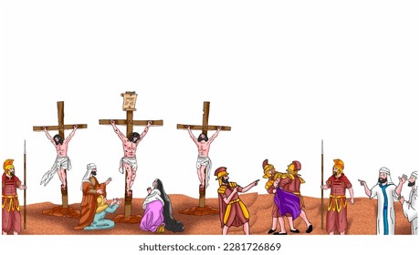 Vector of the soldiers gambled and snatched Jesus' clothes, Easter background.