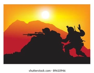 Vector of soldiers on action at sunset.