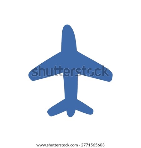 Vector solid blue airplane icon in top view with wide wing and tail silhouette. Minimal aviation symbol illustration in clean style for travel, flight and airline theme.