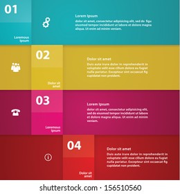Vector - solid box template, pointer. Four colorfully stripes with space for your content.  Four steps - choices in different colors. Modern plastic - shining design. 