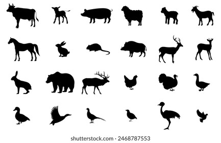 Icono sólido de Vector, animales. Vaca, ternera, cerdo, oveja, cordero, cabra, caballo, conejo, nutria, jabalí, ciervo, corzo, liebre, oso, alce, pollo, pavo, ganso, pato, ánade real, faisán, perdiz, avestruz, paloma