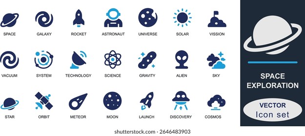 Conjunto de ícones sólidos de vetor. Apresentando foguetes, planetas, satélites, astronautas e estrelas para a exploração espacial, ciência, astronomia e projetos de IU. Ideal para aplicativos, painéis e infográficos.