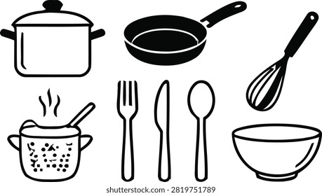 Vector solid icon set of kitchen cookware utensils restaurant culinary elements stockpot frying pan whisk flatware cutlery and deep mixing bowl