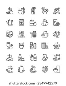 Vector solid icon set of type of fresh fruit juice related things on the white background, drink and beverages concept using for website, media, application, 30 icon 64x64 pixel of each artboard