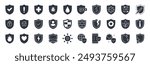 Vector solid icons defense shield. Protective symbol, safety and security of home, plants, mail from viruses and different troubles. Medieval shield and sword, coat of arms. Silhouette black set