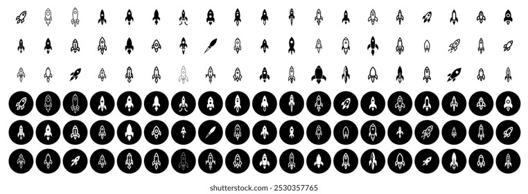 Vector solid icons of rockets, Icon set of rocket. Filled, black and white icons set, flat style.