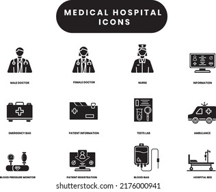 Vector solid medical icons. Patient and doctor care. Nurse first medical health help. Icons for web, app and software