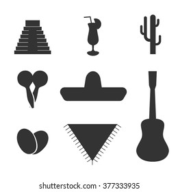 Vector solid Mexican flat set, icon, elements for travel site, banner, web. Sombrero hat, guitar, avocado, Maraca, cactus, inca pyramid, tequila