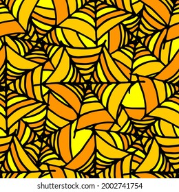 vector solid seamless spider web pattern in orange color with a black outline. a hand-drawn doodle-style spider web pattern with orange and yellow stripes for a Halloween holiday design template
