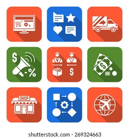vector solid white flat design business distribution marketing process icons set long shadows 