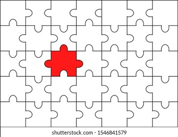 Vector solved jigsaw with fone colorful piece of puzzle. Puzzle background template. Set of different white pieces of puzzle isolated.