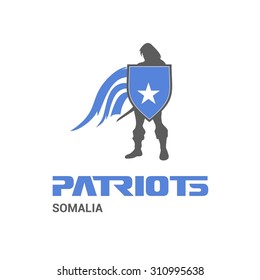 Vector Somalia Flag Patriots Soldier Logo. Mascot Character Design. Memorial Day Army man with Shield. Vector Freedom Leader Logo illustration