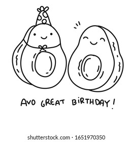 Vector of some avocados celebrating a birthday, doodle style and very cute. Design to draw.