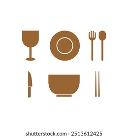 Vector some simple brown flat cutlery and drinkware icons