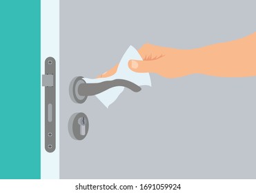 Vector Someone sterilizing and cleaning door handles with antibacterial wet wipes to protect against coronavirus outbreaks
