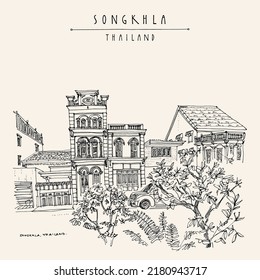 Vector Songkhla, Thailand postcard. Old town houses street view. Historical buildings in Songkhla province in the South Thailand. Travel sketch. Hand drawn vintage poster