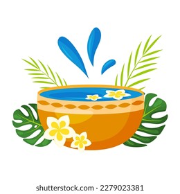 Vector songkran festival gold bowl with water with tropical leaves and flowers isolated on white background. Celebration composition icon for event.