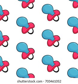 Vector soother icon. Baby pattern with dummy in blue pink colors. Newborn child cute texture bimbo. Childhood sillicone symbol 