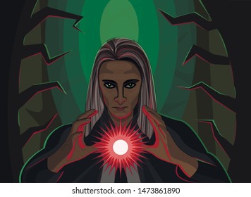 vector sorcerer in the forest holds a magic ball