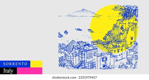 Vector Sorrento, postal de Italia. Costa de Amalfi por encima de las vistas. Volcán Vesuvio, árboles, mar. Esbozo artístico de viajes en colores brillantes. Afiche turístico moderno dibujado a mano, ilustración de libros