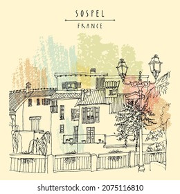 Vector Sospel, France illustration. Hand drawn cityscape sketch. Beautiful old houses, buildings in Mediterranean town of Sospel near Nizza. Travel artistic sketch drawing. Vintage touristic postcard